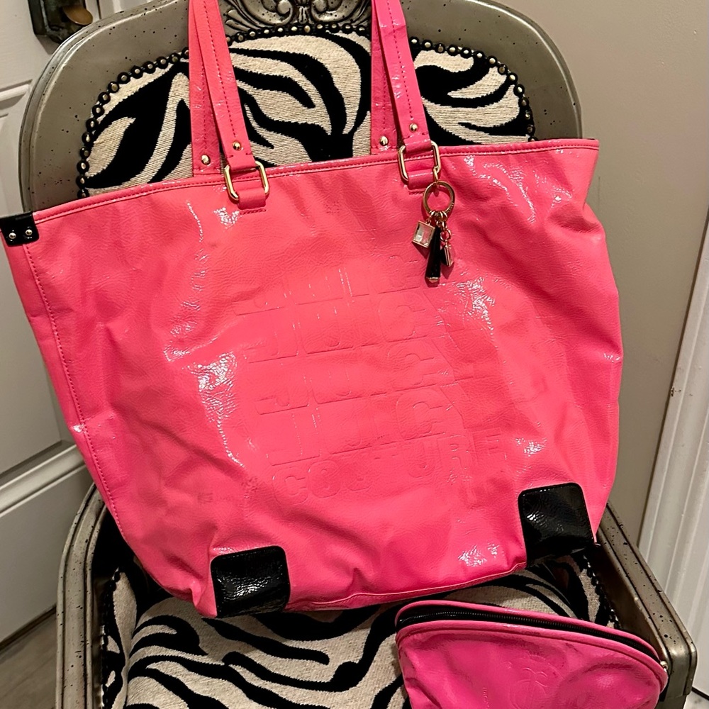 Stunning hot pink patten leather embossed juicy couture tote with cosmetic bag!